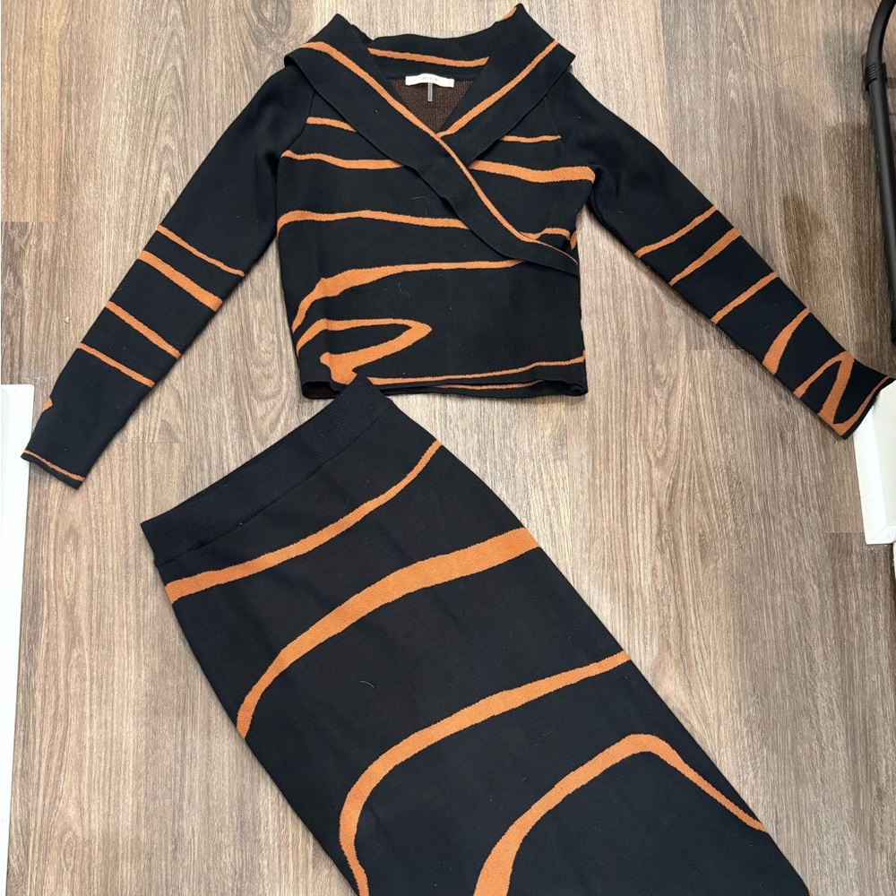 Black & Orange Abstract Stripe Skirt Set — Coordinated Two-Piece